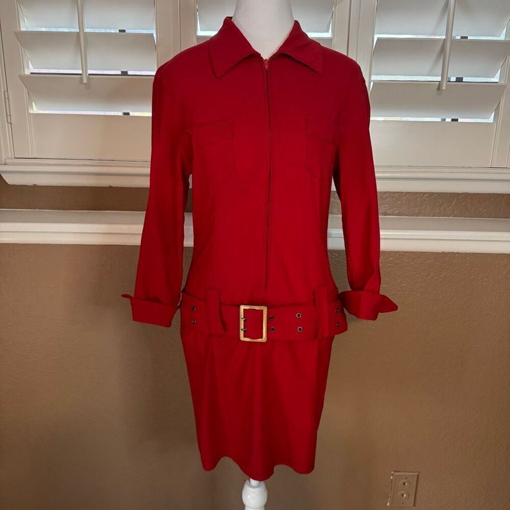 Vintage Sabora Size L Belted Suit Shirt Dress Bright Cherry Red Mod Retro Office